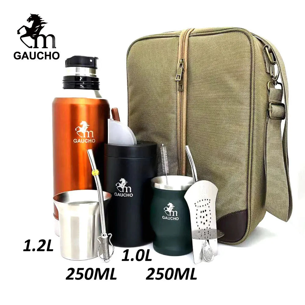 1 juego/lote de kits de viaje de yerba mate Gaucho que incluyen termo de acero inoxidable, taza de calabaza, bombilla, pajita, lata de té y separador de filtro.