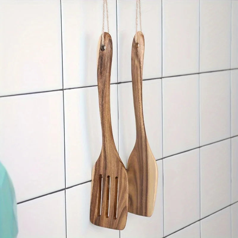 Juego de espátulas de madera - Duraderas y ergonómicas con mangos largos, utensilios de cocina multiusos que incluyen espátula ranurada.
