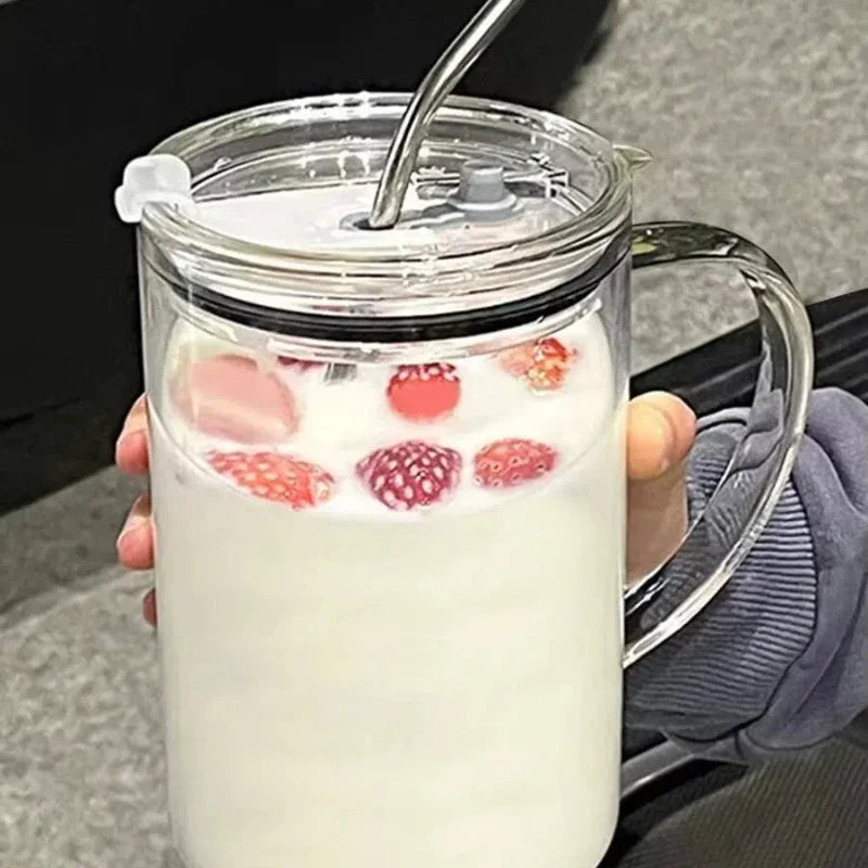 Vaso de vidrio de 1000 ml con tapa y pajita. Taza de café de vidrio transparente. Tazas para jugo, moca, leche y jugo.