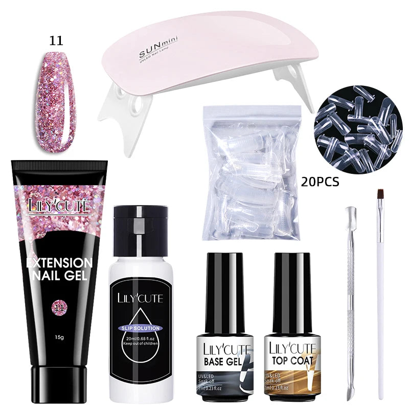 Kit de gel para extensión de uñas LILYCUTE de 15 ml, solución acrílica, esmalte en gel con lámpara para uñas para una rápida extensión, gel UV para uñas.
