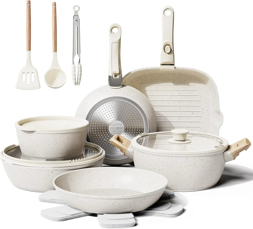 Juego de 19 piezas de utensilios de cocina de cerámica antiadherentes, apto para inducción, lavavajillas y horno, color blanco crema.