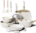 Juego de 19 piezas de utensilios de cocina de cerámica antiadherentes, apto para inducción, lavavajillas y horno, color blanco crema.