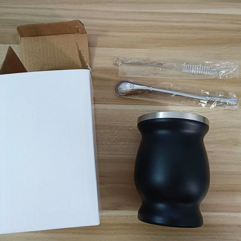 Mate de acero inoxidable de doble pared de 230 ml (8 oz) para yerba mate, incluye una bombilla (pajita) y un cepillo de limpieza.