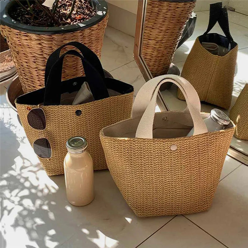 Bolso bandolera de paja playera para mujer, estilo bohemio, de verano, de ratán tejido, tipo cubo, hecho a mano.