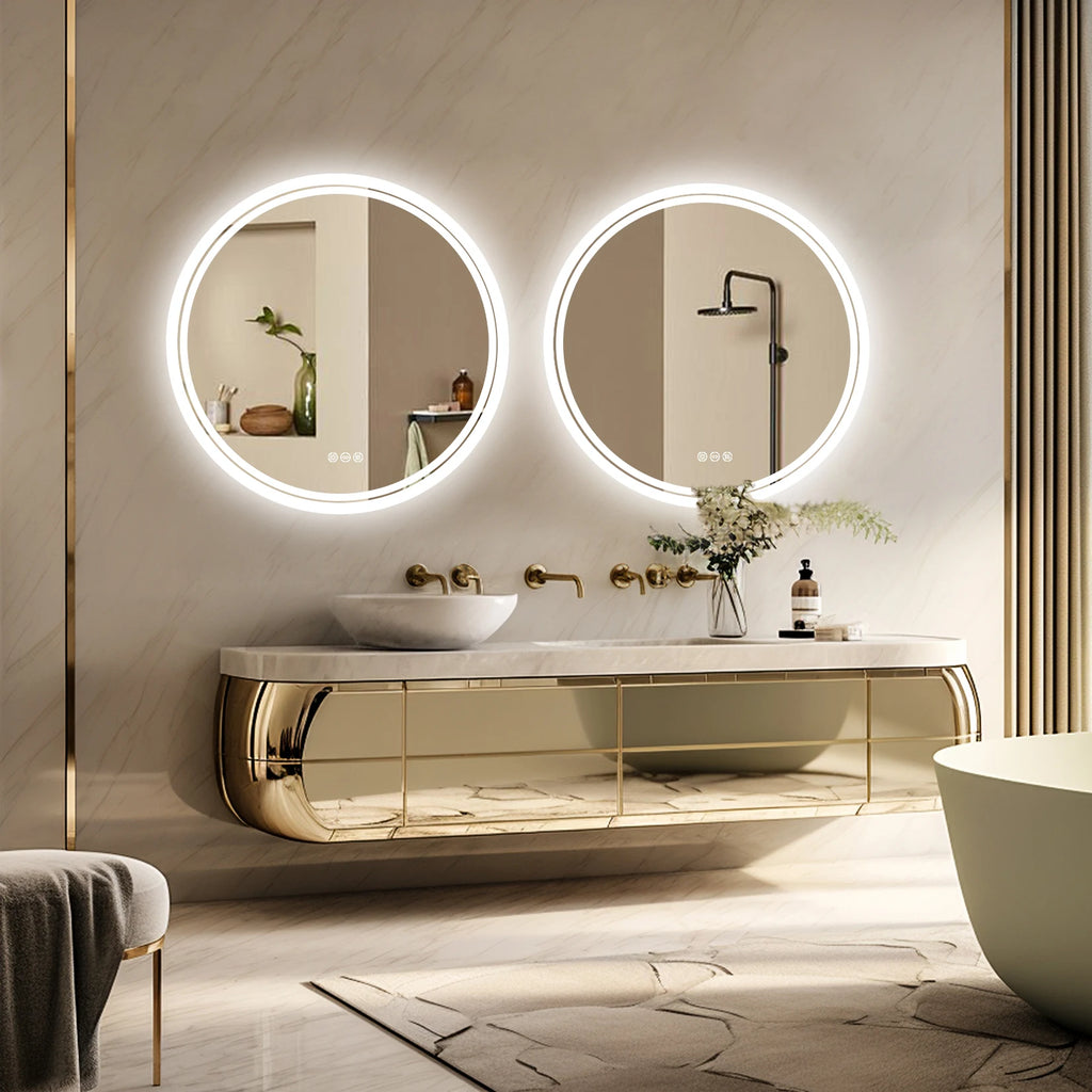 Espejo de baño con luces LED circulares retroiluminadas, espejo iluminado de pared, antivaho, 3 colores, IP65, regulable.