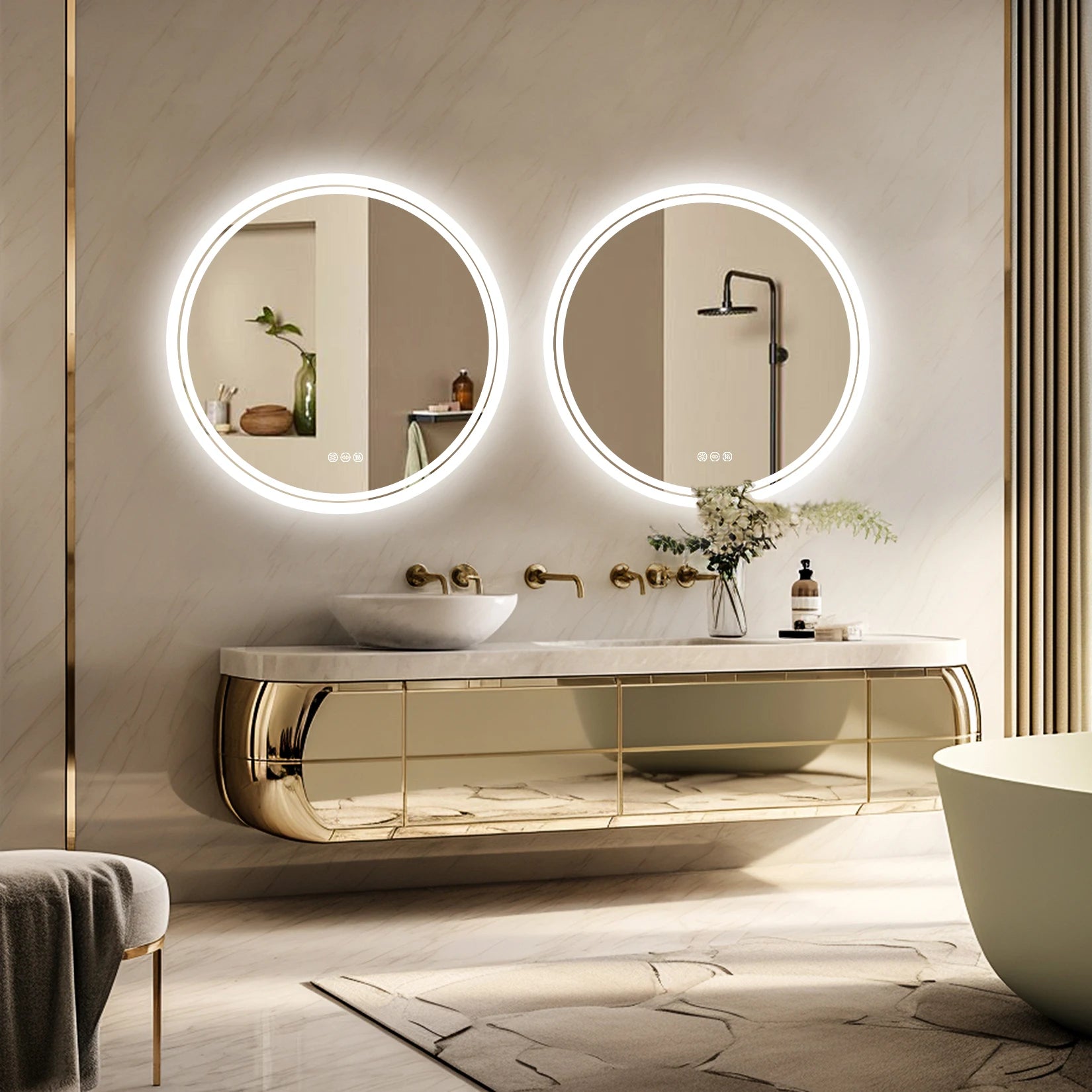 Espejo de baño con luces LED circulares retroiluminadas, espejo iluminado de pared, antivaho, 3 colores, IP65, regulable.