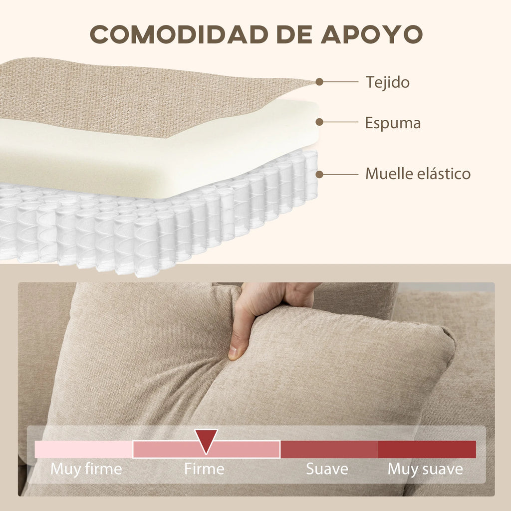 Sofá esquinero reversible Homcom con chaise longue, 3 plazas, 2 cojines, tapizado en lino, estructura de acero, para salón, 242 x 156 x 87 cm, color beige.