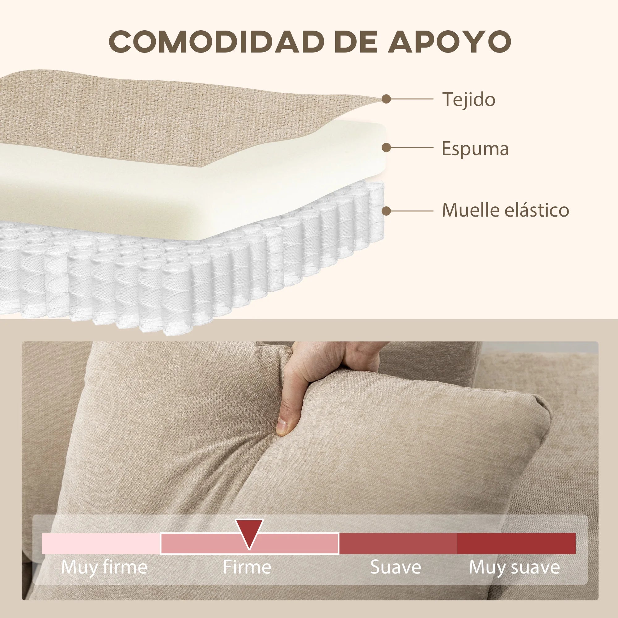Sofá esquinero reversible Homcom con chaise longue, 3 plazas, 2 cojines, tapizado en lino, estructura de acero, para salón, 242 x 156 x 87 cm, color beige.