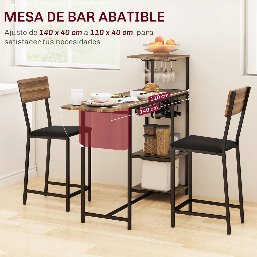 HOMCOM Conjunto de Mesa de Bar con Laterales Abatibles Soporte para Vinos y 2 Taburetes de Estilo Industrial Marrón y Negro