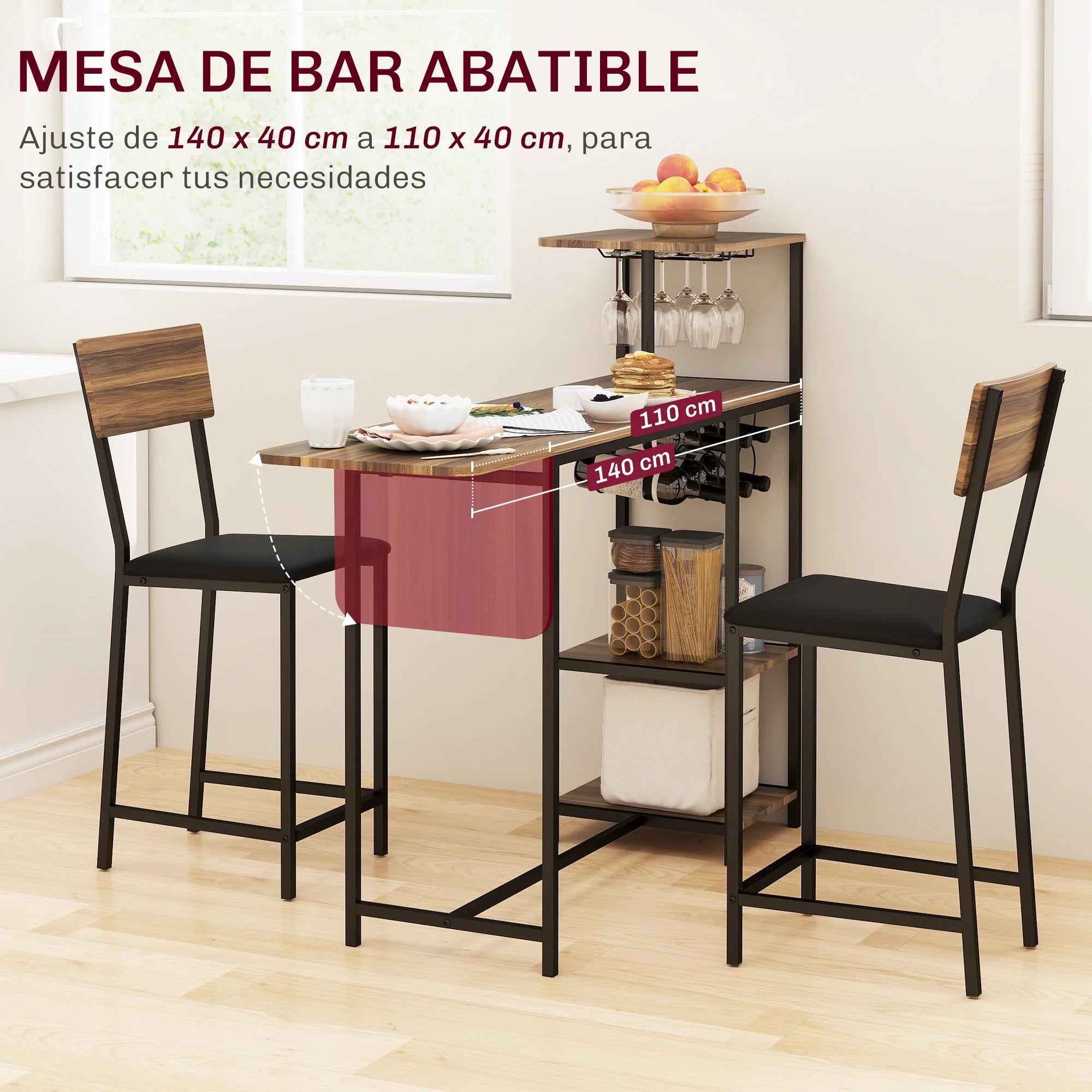 HOMCOM Conjunto de Mesa de Bar con Laterales Abatibles Soporte para Vinos y 2 Taburetes de Estilo Industrial Marrón y Negro