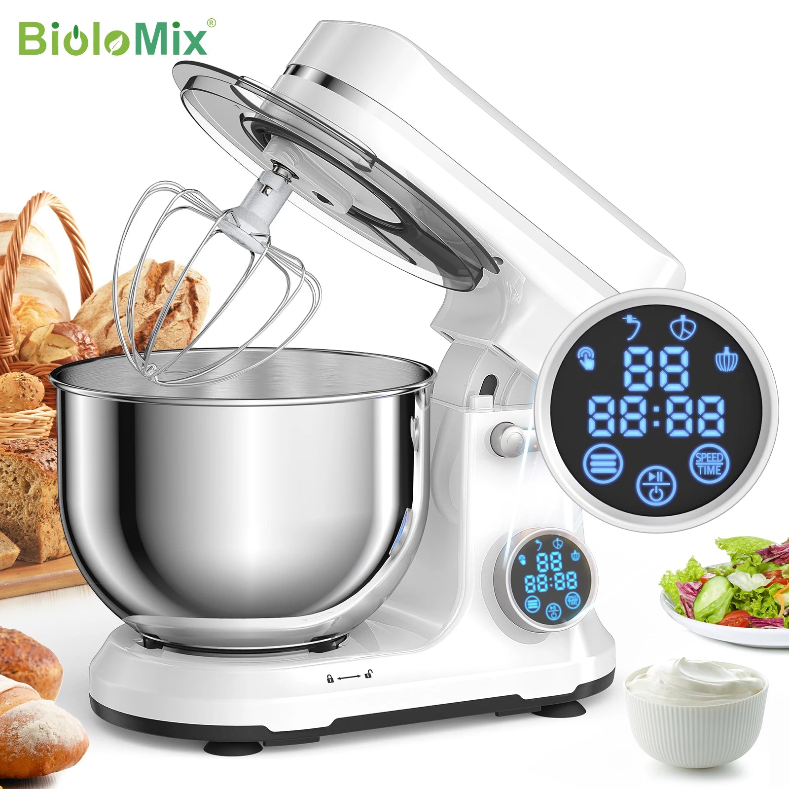 Batidora de pie BioloMix Kitchen, motor de CC de 1200 W y 11 velocidades, pantalla digital OLED, batidora eléctrica con gancho amasador y varillas.