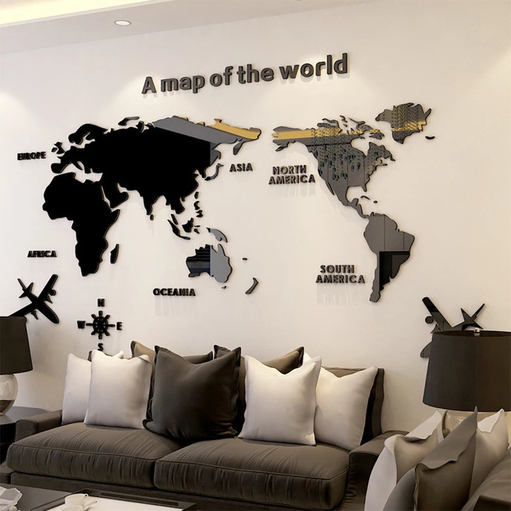 Pegatinas de pared acrílicas 3D con mapa del mundo, pegatinas de espejo tridimensionales, pegatinas decorativas para pared de dormitorio y oficina.