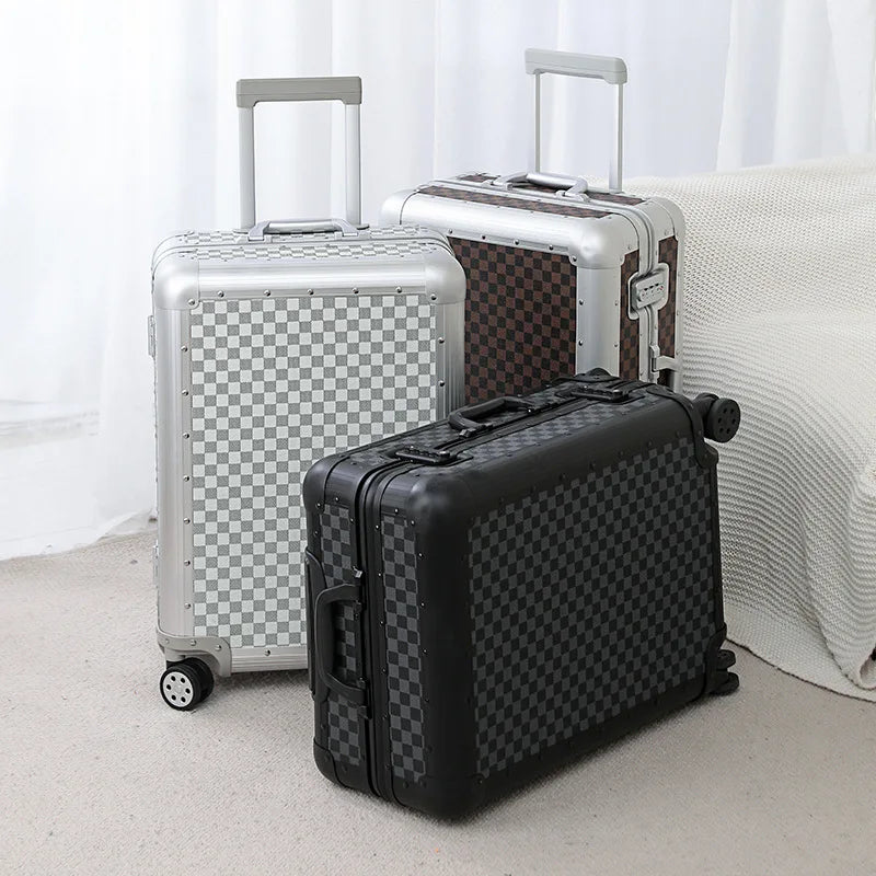 Maleta de negocios de aleación de aluminio y magnesio de 20 pulgadas, apta para viajes y con ruedas universales.