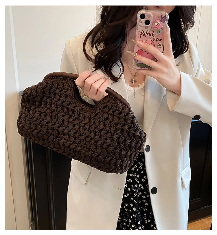 Nuevo bolso de playa de verano para mujer, bolso de mano de lujo de diseñador, bolsos de paja, bolso tote, bolsos de moda de ratán tejido, bolso de viaje para mujer