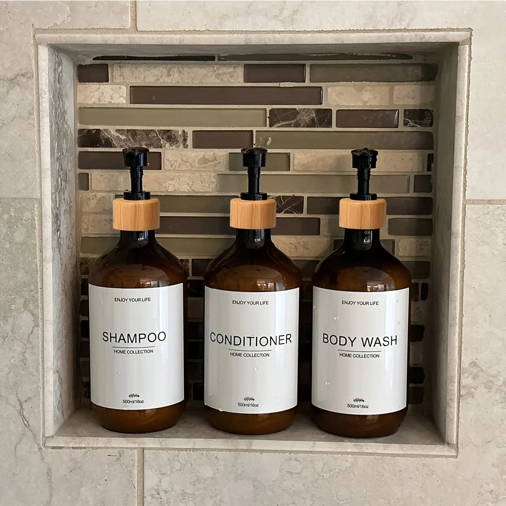 Juego de dispensadores de champú para baño de 500 ml, botellas de acondicionador y gel de ducha recargables, dispensador con decoración rústica, botellas de almacenamiento.