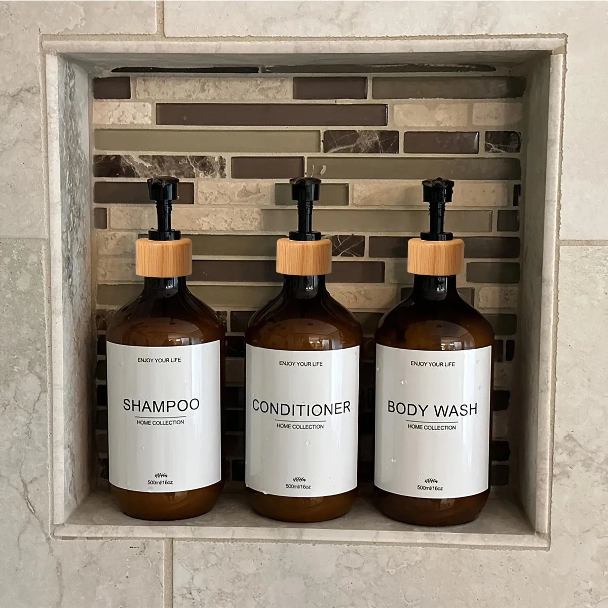 Juego de dispensadores de champú para baño de 500 ml, botellas de acondicionador y gel de ducha recargables, dispensador con decoración rústica, botellas de almacenamiento.