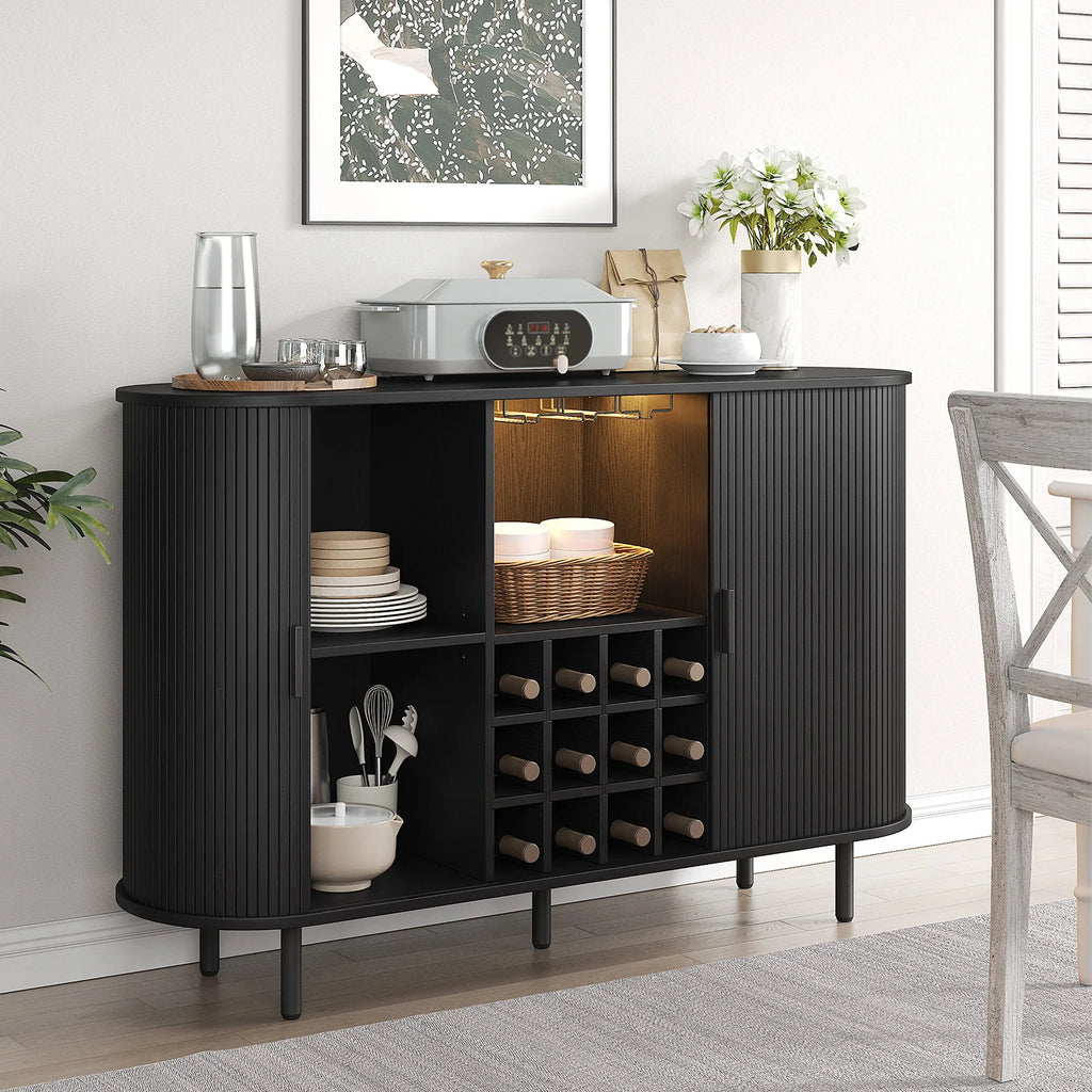 Wine Bar Cabinet w/ LED Light,Liquor Cabinet for Home,Coffee Bar Cabinet w/ Wine Rack & Glass Holder,Walnut Buffet Sideboard