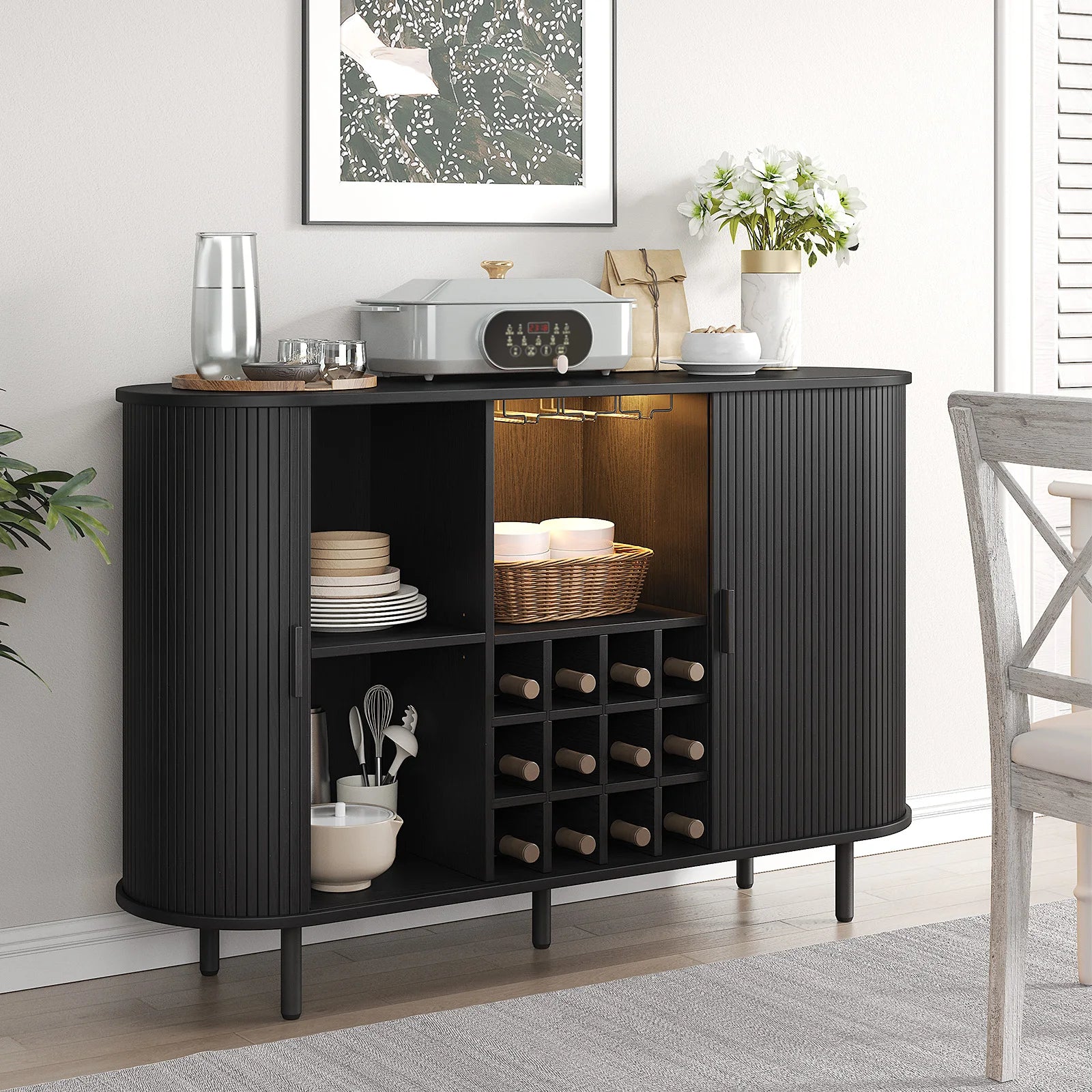 Wine Bar Cabinet w/ LED Light,Liquor Cabinet for Home,Coffee Bar Cabinet w/ Wine Rack & Glass Holder,Walnut Buffet Sideboard