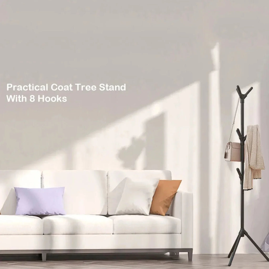 Perchero de pie con forma de rama de árbol, con múltiples ganchos, móvil y práctico para guardar ropa en la sala de estar o en casa.