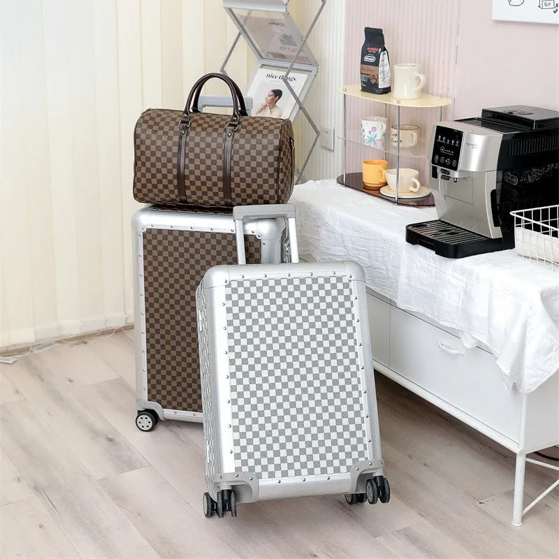 Maleta de negocios de aleación de aluminio y magnesio de 20 pulgadas, apta para viajes y con ruedas universales.