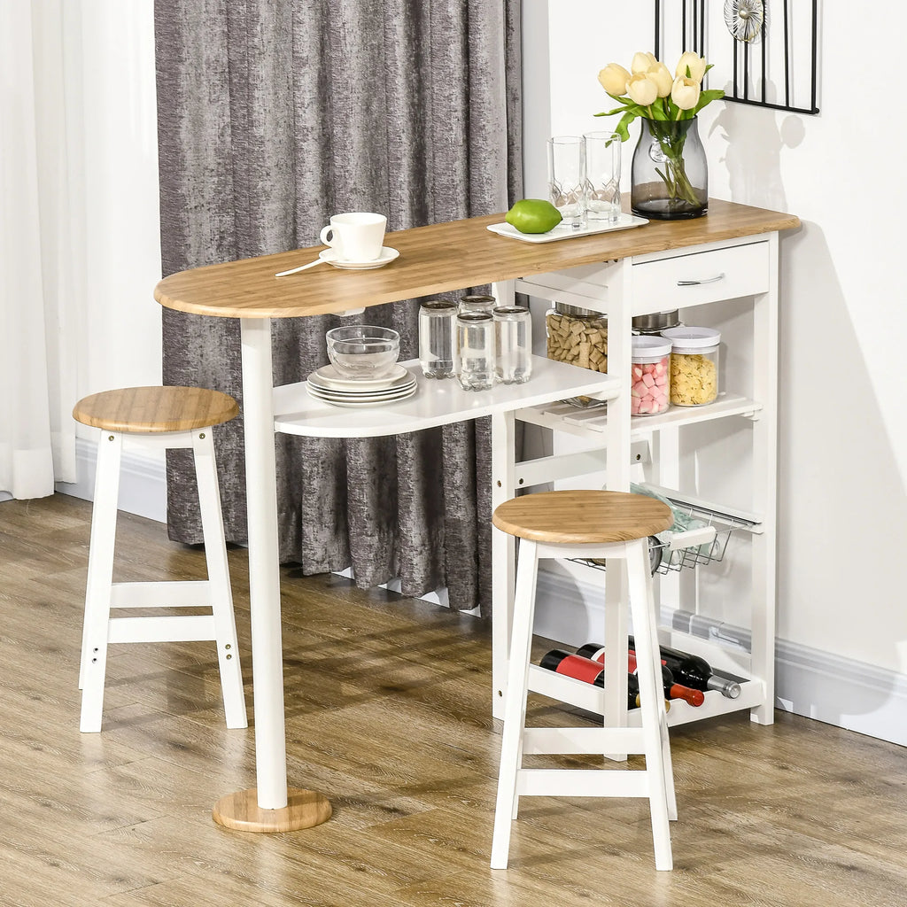 Homcom Bar Table Set with 1 Drawer 2 Shelves Removable Basket and Bottle Rack Furniture Set with 119X38.5X88.5 cm High Table and 2 Stools 29X29X55 cm for Dining Room Kitchen White