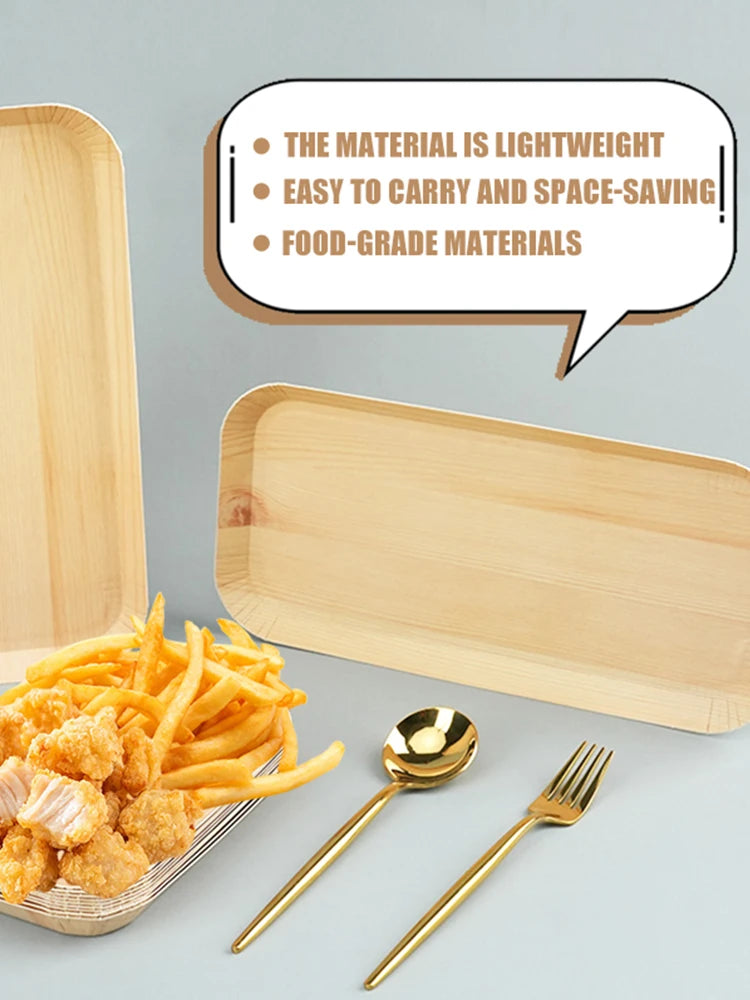 10/20 unidades de platos rectangulares desechables de madera, bandeja de papel, vajilla para postres, pan y ensaladas, accesorios de mesa para cenas y fiestas.