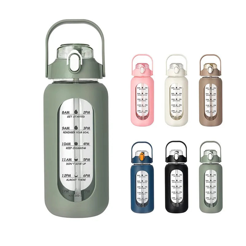 Botella de vidrio nueva de 946 ml/1656 ml/1892 ml (modelo 2024) con funda de silicona para pajita y marcador de tiempo. Ideal para camping, hogar, oficina y gimnasio.