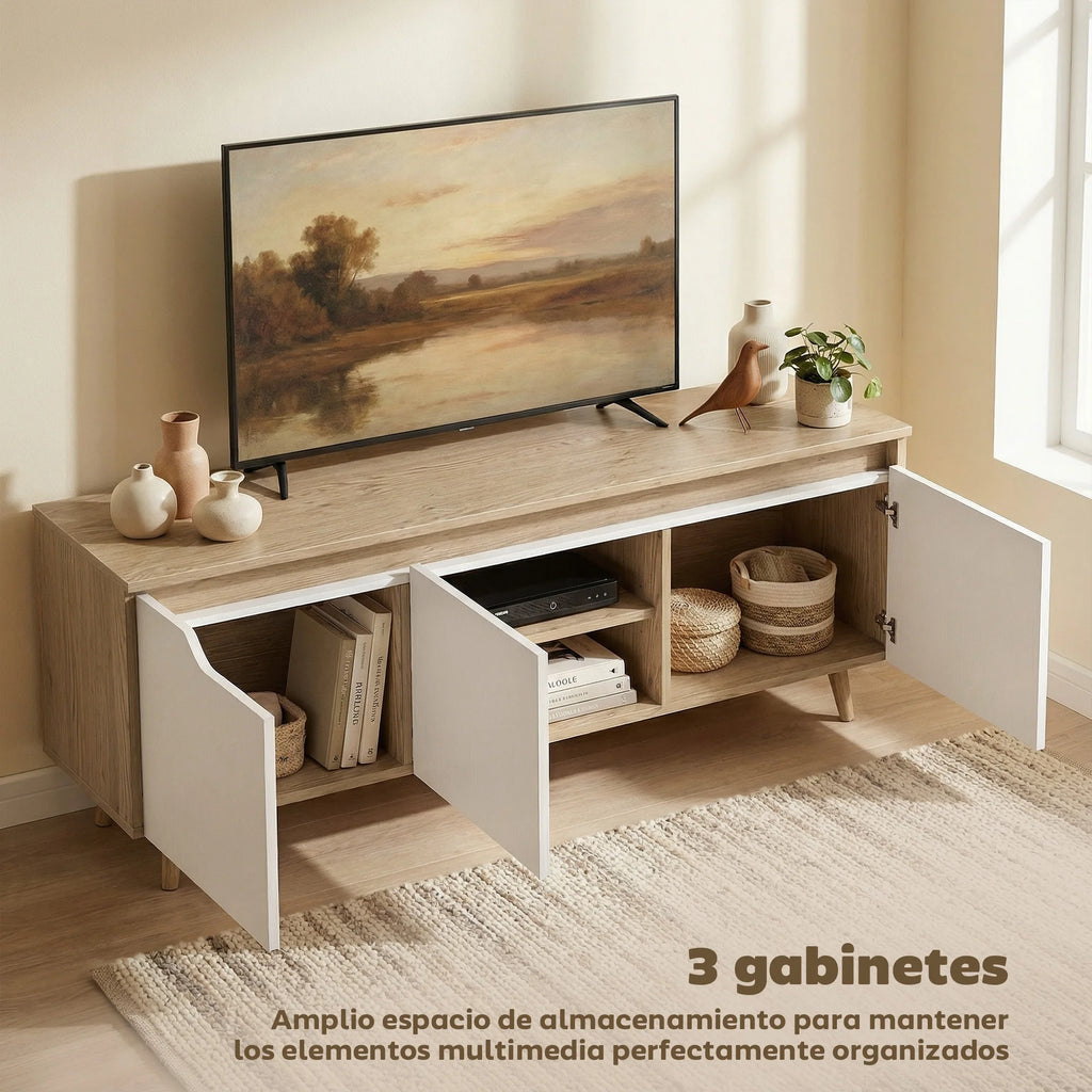 HOMCOM Mesa de TV para Salón con 3 Puertas para Televisión de 55 Pulgadas Estilo Moderno 120x35x45,5 cm Roble y Blanco