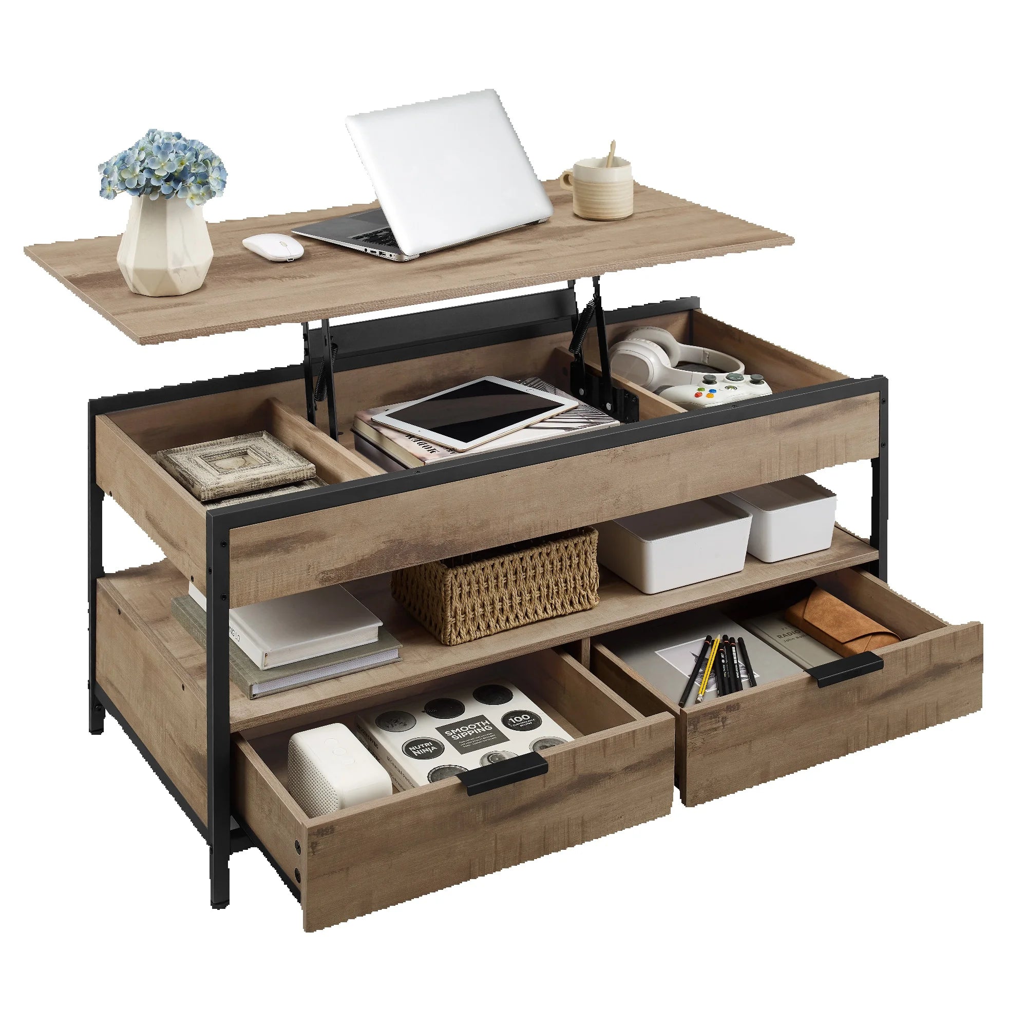 VASAGLE coffee table, height adjustable living room table, coffee table, with drawers, open compartment, 50x100 x (48-63)cm