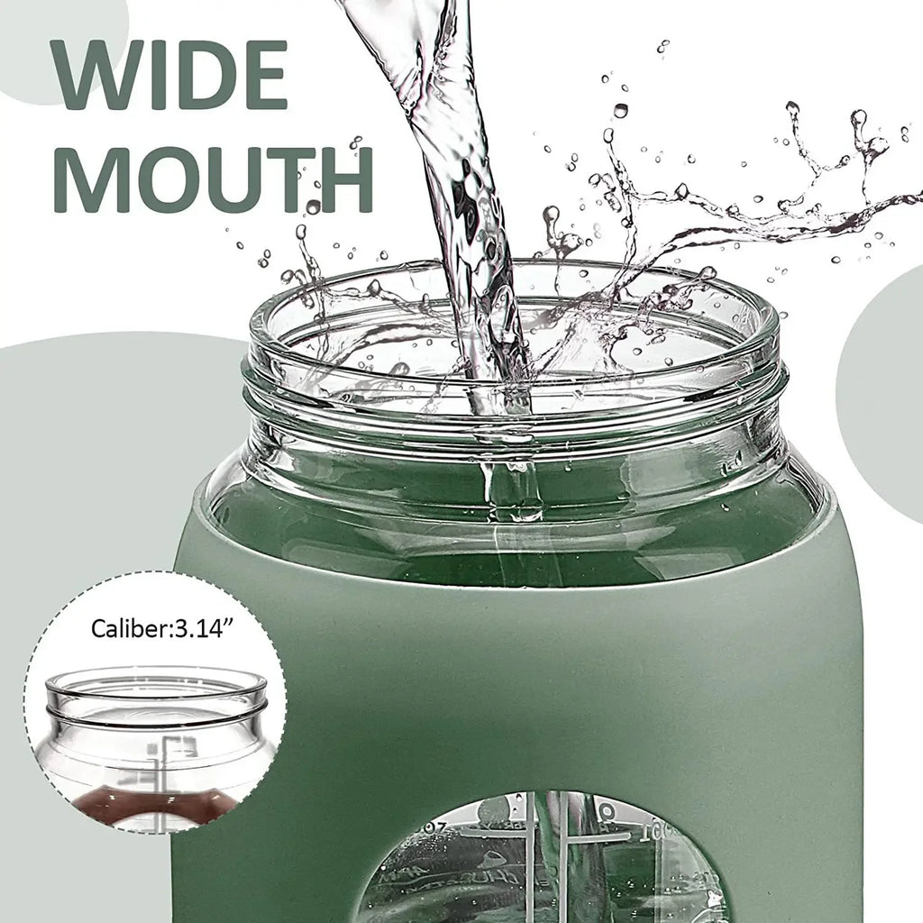 Botellas de agua de vidrio de 1000 ml con pajita, botella de vidrio con funda de silicona y marcador de tiempo, para gimnasio, camping, hogar y oficina.