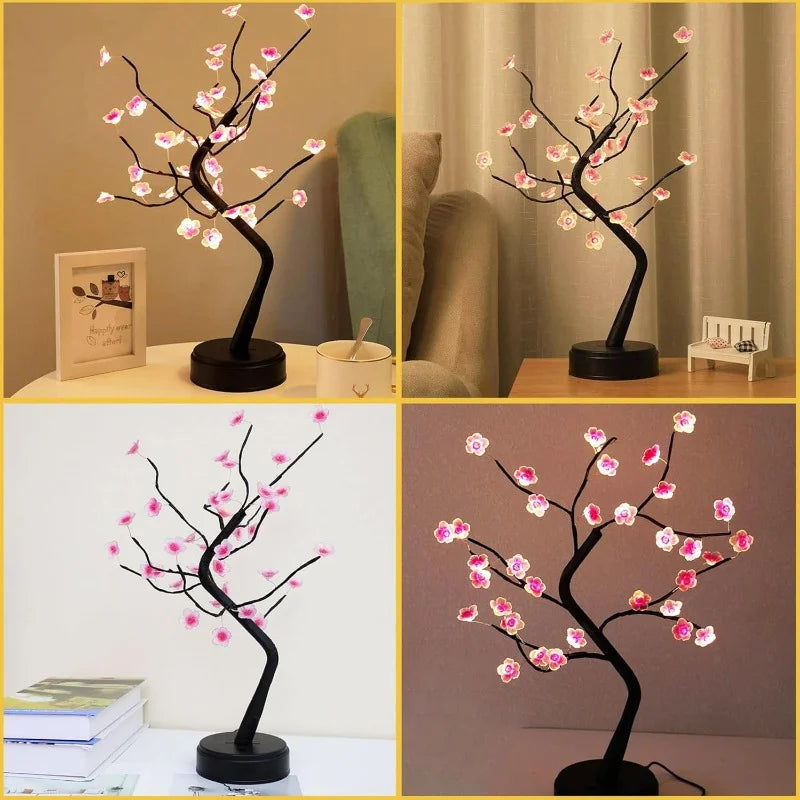 Lámpara de mesa con forma de árbol, alimentada por USB/pilas, con interruptor táctil, bonsái artificial de cerezo en flor, lámpara de escritorio LED decorativa.