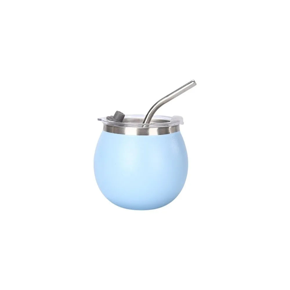 Mate argentino de doble pared de 148 ml (5 oz) de acero inoxidable con aislamiento térmico, pajita y tapa. Ideal para exteriores.