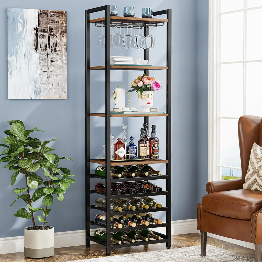 Botellero independiente de 9 niveles con soporte para copas, mueble bar multifuncional con soporte para botellas para el hogar, la cocina y el comedor.