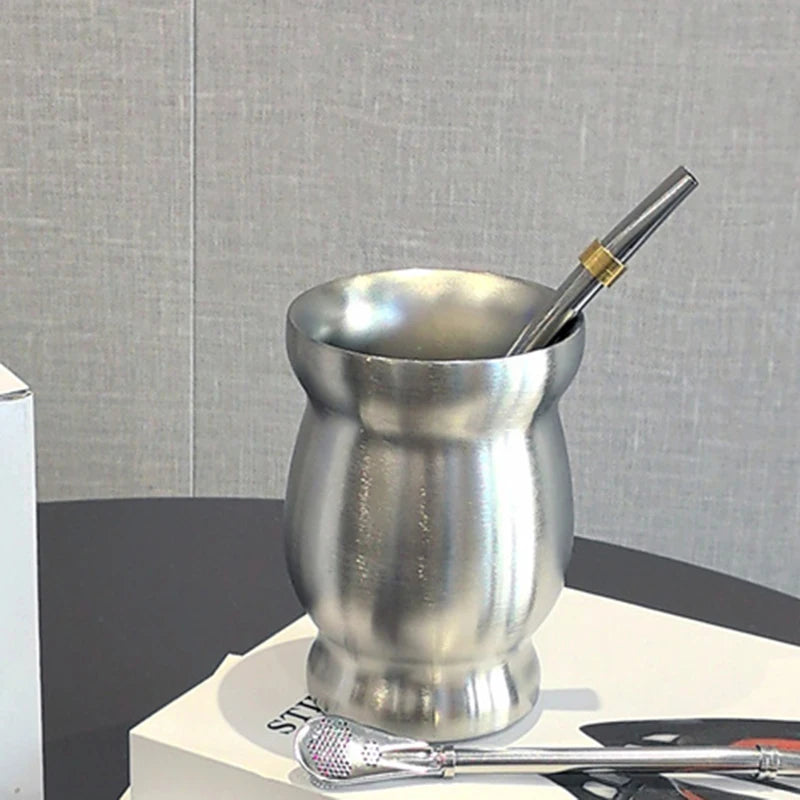 Mate de acero inoxidable 304 de doble pared de 237 ml (8 oz) con pajita, cuchara y cepillo de limpieza.