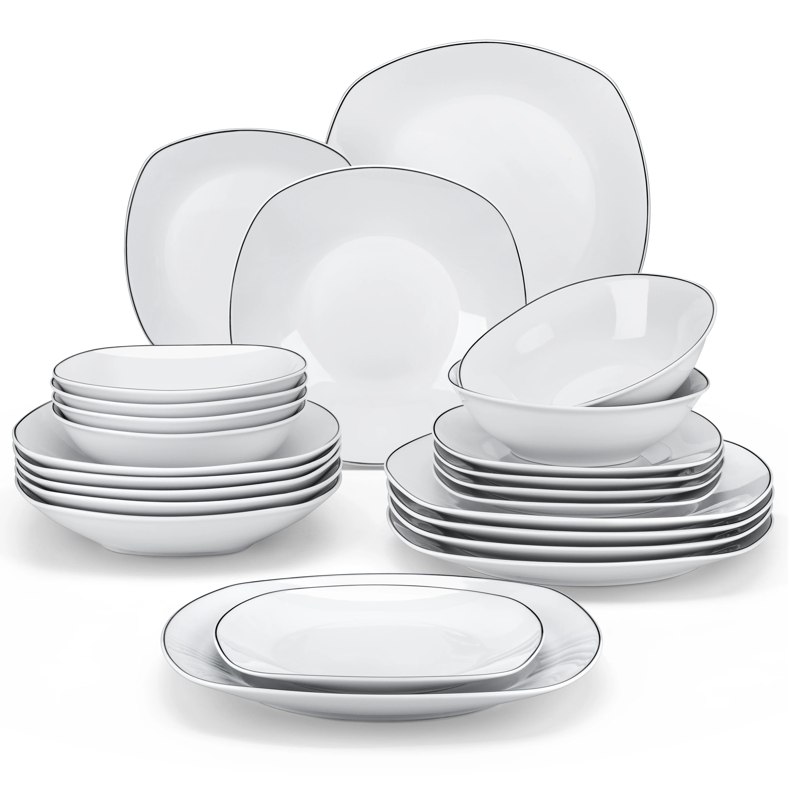 Juego de vajilla de porcelana MALACASA de 24/48 piezas con borde negro, que incluye 6/12 platos hondos y llanos. Servicio para 12/24 personas.