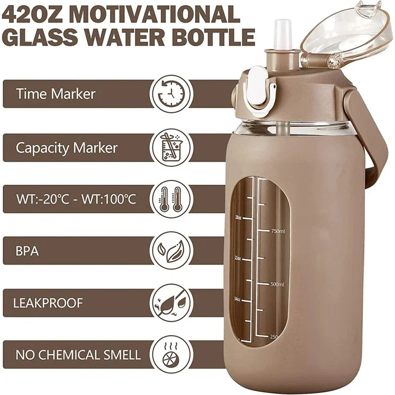 Botella de vidrio nueva de 946 ml/1656 ml/1892 ml (modelo 2024) con funda de silicona para pajita y marcador de tiempo. Ideal para camping, hogar, oficina y gimnasio.