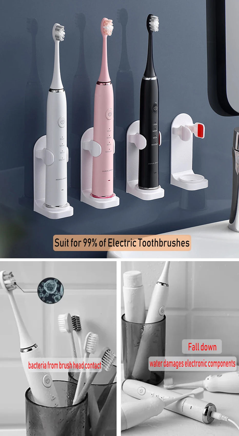 Soporte ajustable para cepillo de dientes, base para cepillo de dientes eléctrico, soporte de pared antideslizante de silicona, soporte para cuerpo de cepillo, adaptable al 99%.