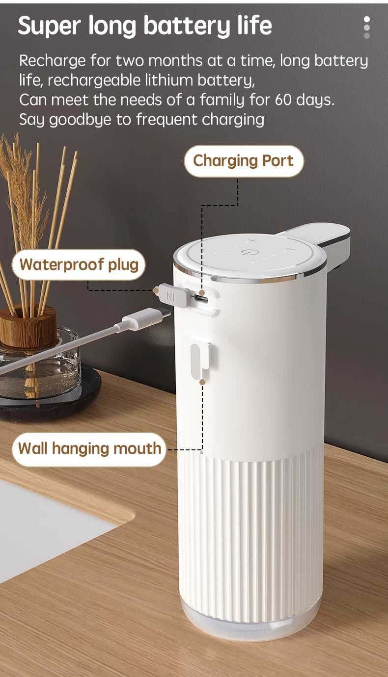 Dispensador automático de jabón HQ, accesorios de baño, dispensador automático de jabón líquido de 360 ml, tipo C, color blanco, 4 niveles de jabón en espuma.