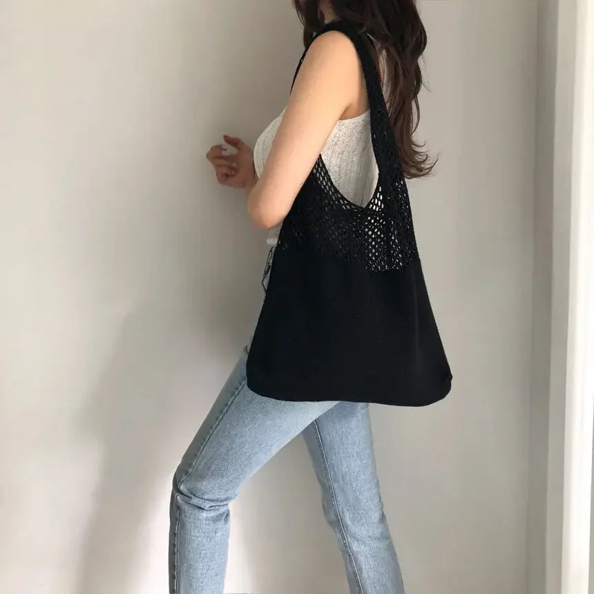 Bolsos de punto para mujer, bolso tote de gran capacidad, bolso grande de playa de verano, bolsos de hombro informales de tejido hueco, paquete femenino
