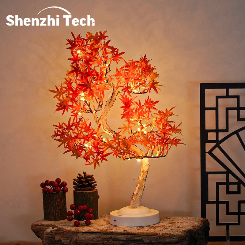 Lámpara de mesa con forma de árbol bonsái artificial, lámpara de hadas con forma de hojas de arce, luz nocturna LED que funciona con pilas/USB, ideal para decoración de camping.