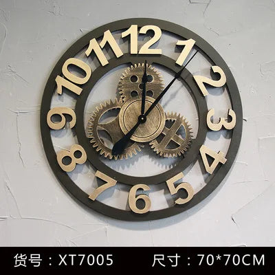 Reloj de pared vintage con engranajes, estilo industrial, de madera y metal, decoración rústica americana para bares o cafeterías.