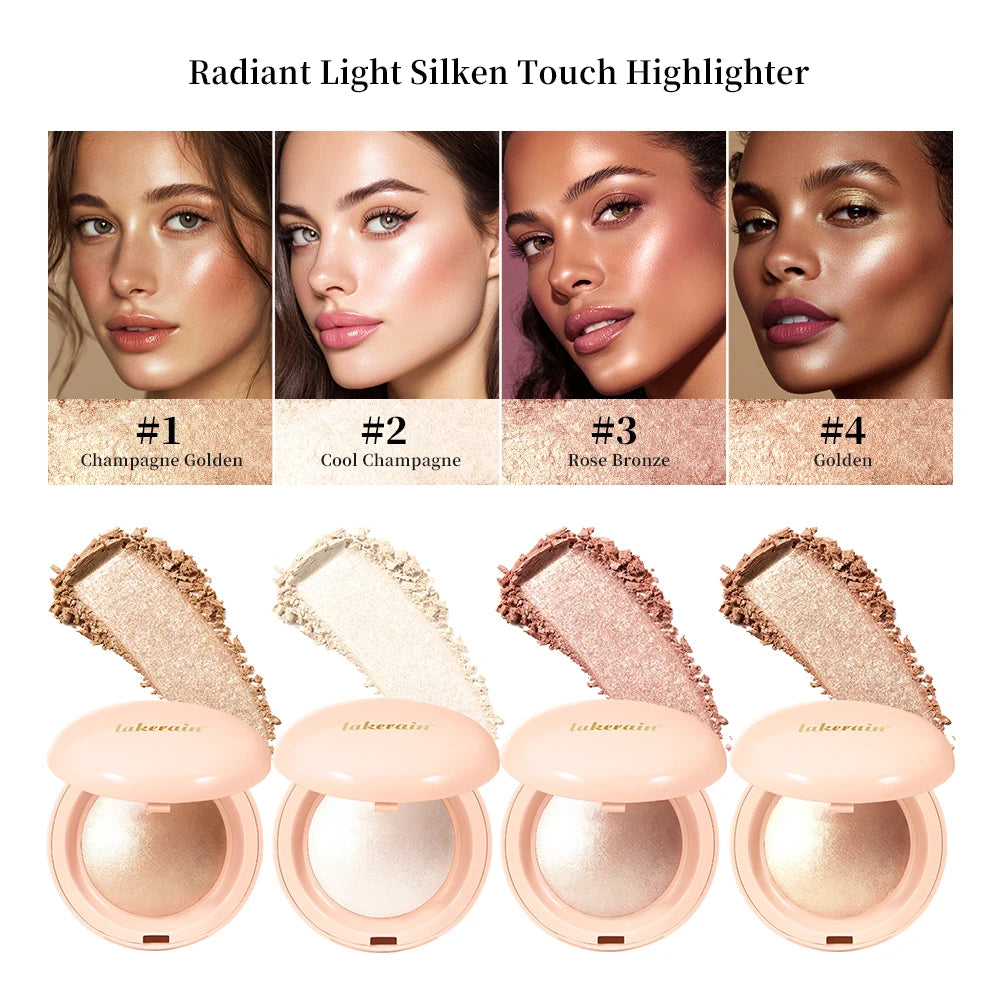 Iluminador facial en polvo resistente al agua de larga duración para una piel radiante al instante. Brillo horneado para un maquillaje con efecto iluminador y contorno.