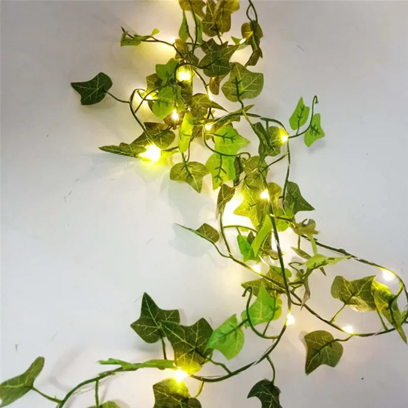 Guirnalda de luces de flores y hojas verdes, luces artificiales de hadas con forma de enredadera, luces de Navidad a pilas para decoración del hogar y bodas.