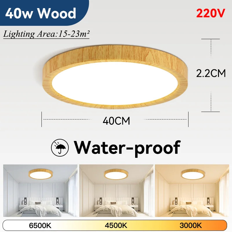 Lámpara de techo LED ultrafina de 2,2 cm, resistente al agua, 3 colores, con acabado de madera, para baño, dormitorio, sala de estar y hogar.