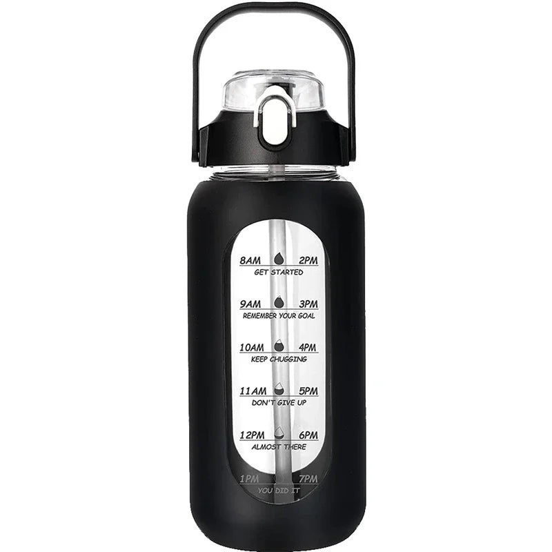 Botella de vidrio nueva de 946 ml/1656 ml/1892 ml (modelo 2024) con funda de silicona para pajita y marcador de tiempo. Ideal para camping, hogar, oficina y gimnasio.
