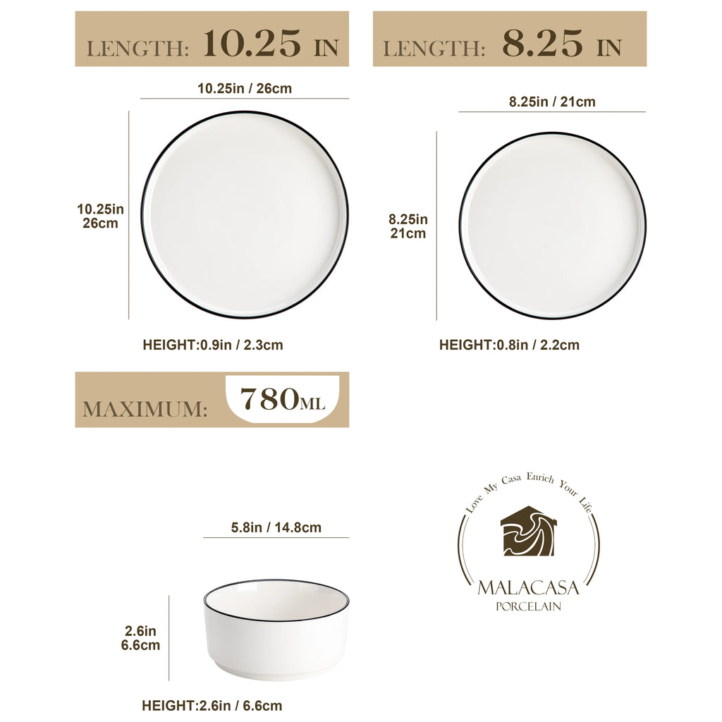 Juego de platos y cuencos MALACASA, 12 piezas, vajilla moderna de porcelana para 4 personas, juego de vajilla para comedor con borde negro.