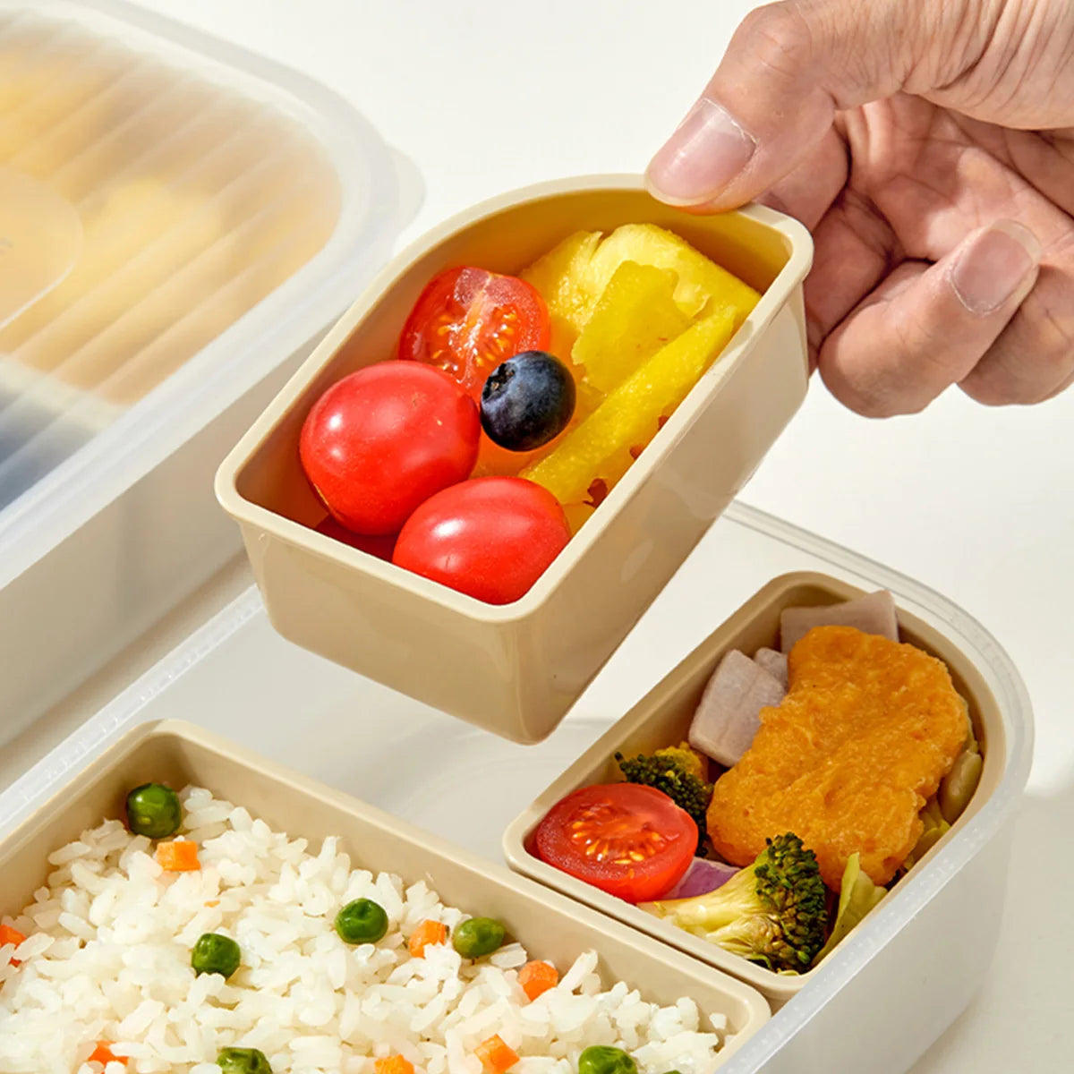 WORTHBUY Tupper de Almuerzo de Plástico para Microondas con 3 Rejillas, Caja Bento de Frutas Portátil y Desmontable, Contenedor de Comida Apilable para Escuela y Oficina