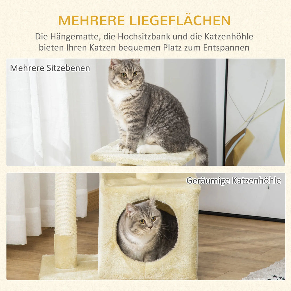 Rascador PawHut con sisal, muebles para gatos con juguetes de peluche, color beige, altura 81,5 cm.
