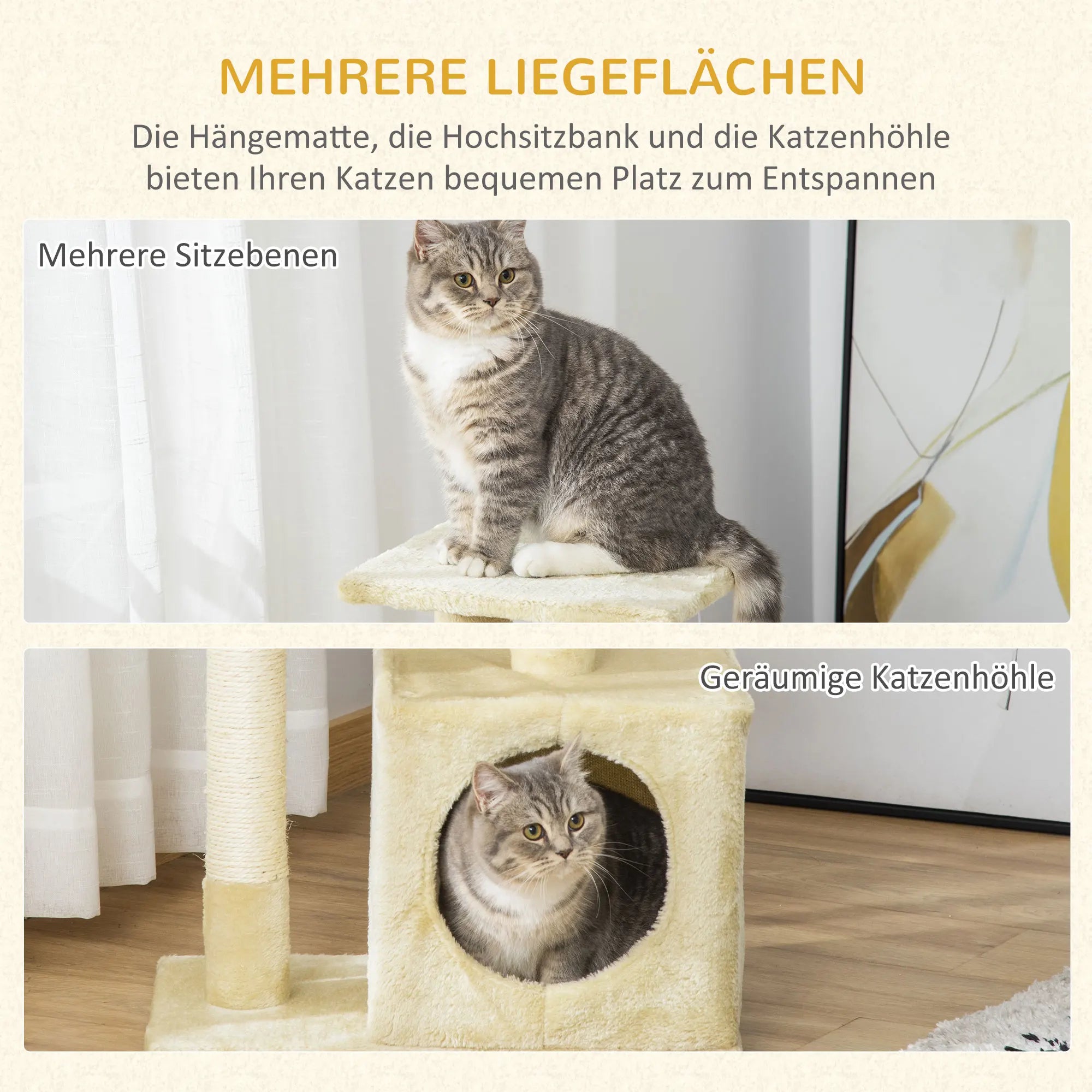 Rascador PawHut con sisal, muebles para gatos con juguetes de peluche, color beige, altura 81,5 cm.