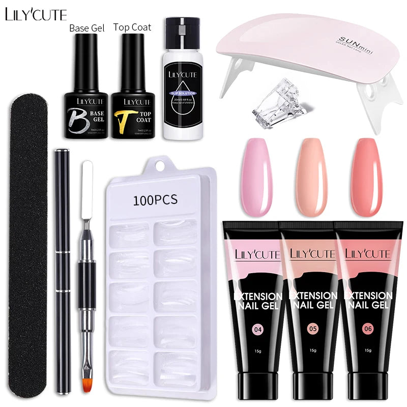 Kit de gel para extensión de uñas LILYCUTE de 15 ml, gel UV, acrílico, blanco, transparente, rosa, esmalte de uñas, lámpara LED, set de manicura para decoración de uñas.